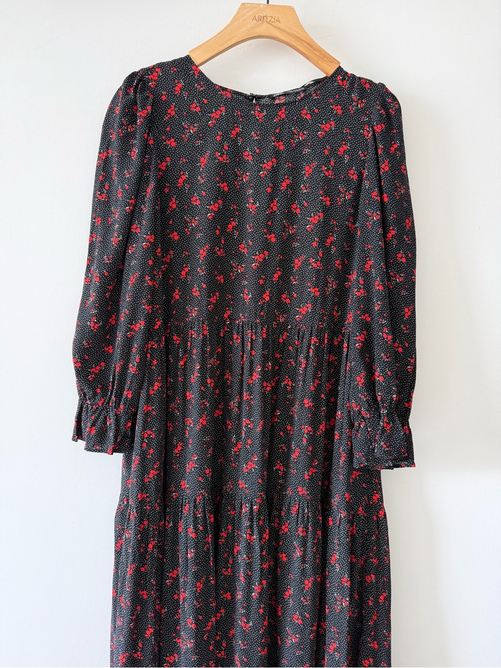 Zara Black Red Floral Polka Dot Maxi Dress Viscose Puff Sleeve Cottagecore S - Picture 3 of 12
